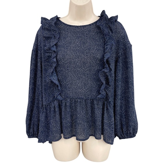 H&M Tops - H&M Top Woman 2 Blue Ruffle Blouse‎ Polka Dot Peplum Feminine Romantic Modest